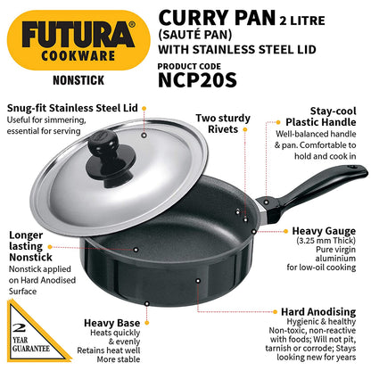 Hawkins Futura Non-Stick Sauté Curry Pan with Lid, 2 litres