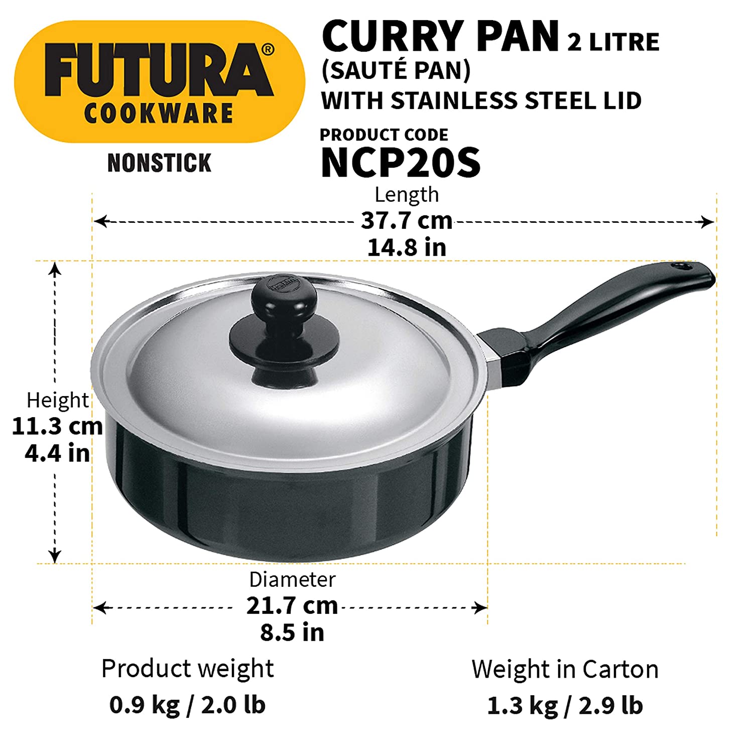 Hawkins Futura Non-Stick Sauté Curry Pan with Lid, 2 litres