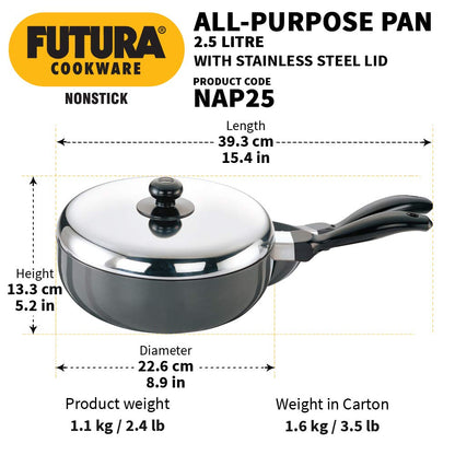 Hawkins Futura Non-Stick 2.5 Litre All-Purpose Pan with Stainless Steel Lid - 2