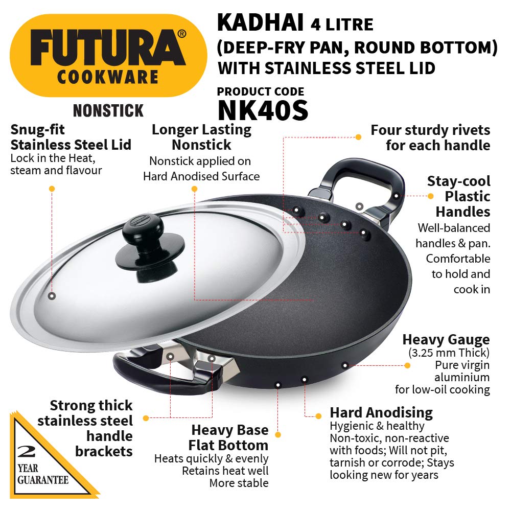 Hawkins Futura Non-Stick 4 Litre Kadhai (Deep-Fry Pan) with Steel Lid  - 2