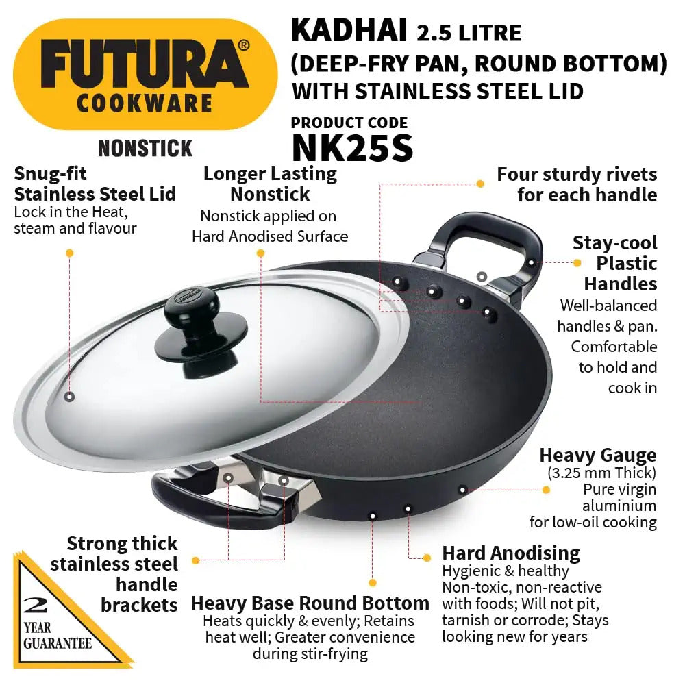 Hawkins Futura Nonstick Round Bottom Kadhai with Stainless Steel Lid 2.5 L - 8