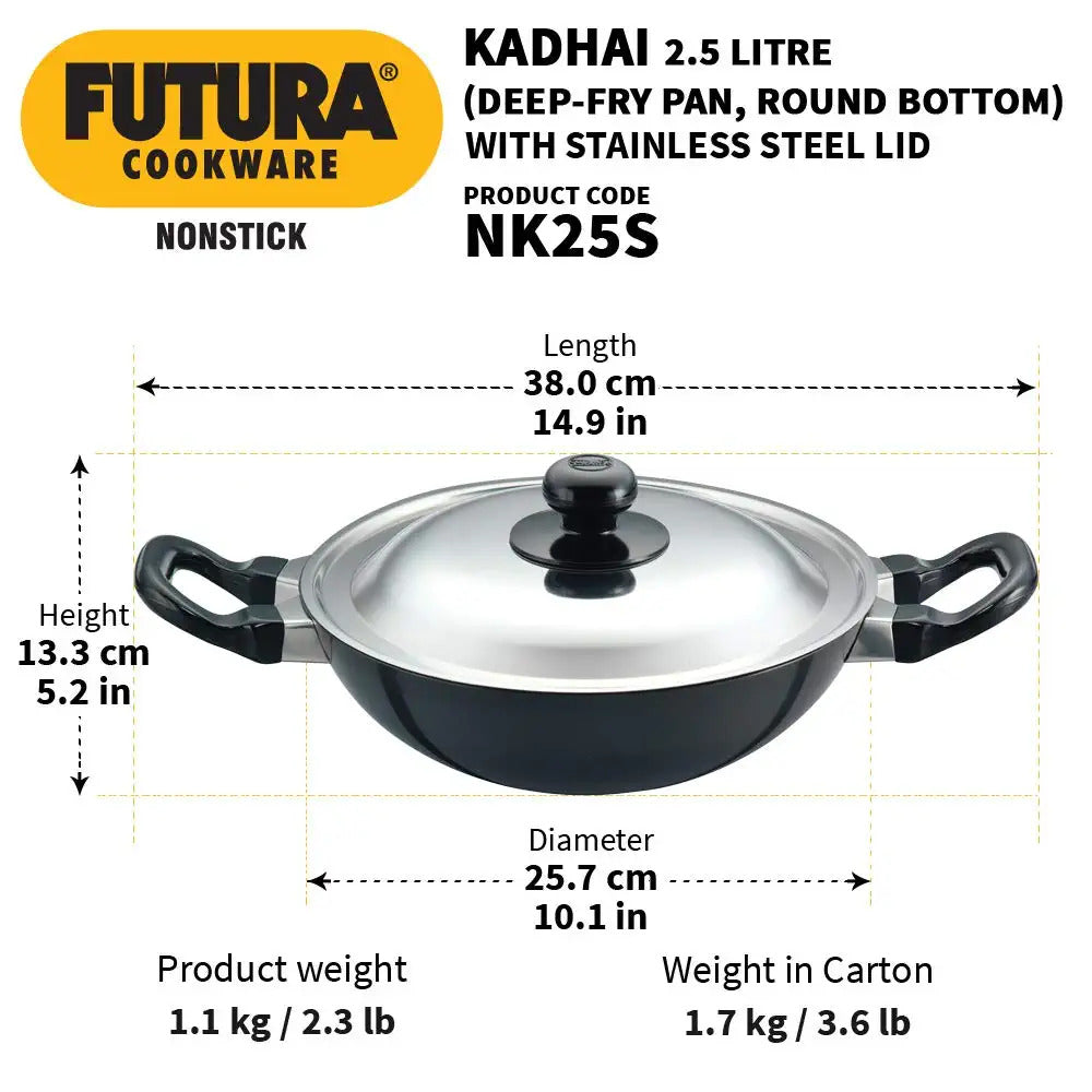 Hawkins Futura Nonstick Round Bottom Kadhai with Stainless Steel Lid 2.5 L - 9