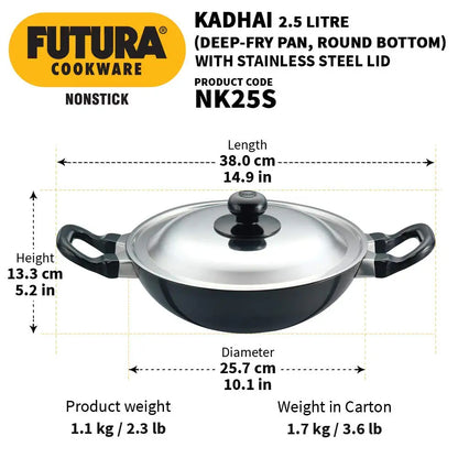 Hawkins Futura Nonstick Round Bottom Kadhai with Stainless Steel Lid 2.5 L - 9