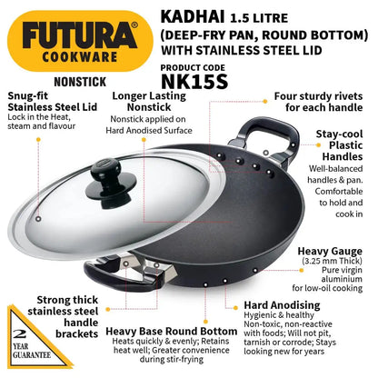 Hawkins Futura Nonstick Round Bottom Kadhai with Stainless Steel Lid 1.5 L - 2