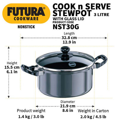 Hawkins Futura 3 Litres Non-Stick Stewpot with Glass Lid - 3