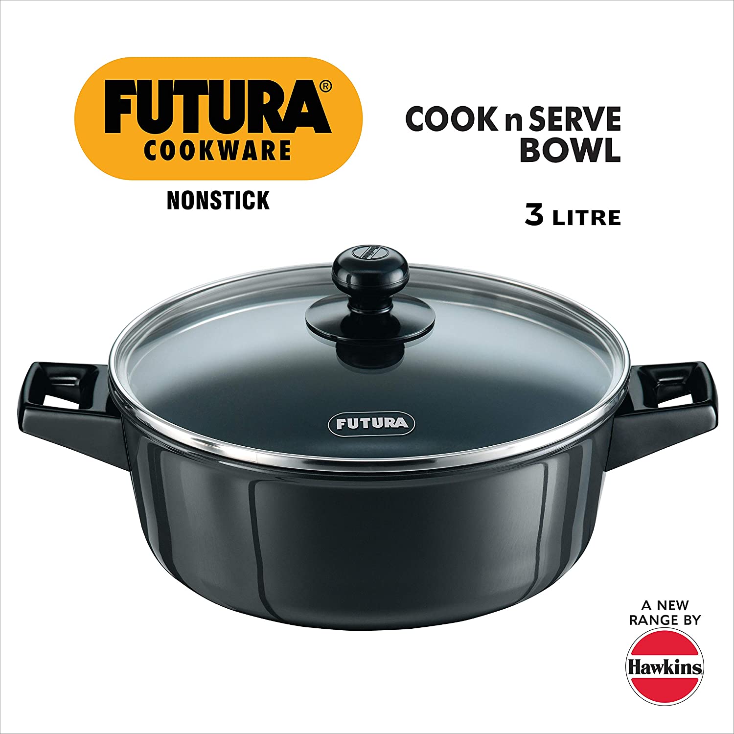 Hawkins Futura Non-Stick Cook N Serve Bowl with Glass Lid, 3 litres