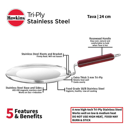 Hawkins Tri-Ply Stainless Steel Induction Compatible Tava, Diameter 24 cm, Thickness 3.5 mm, Silver (SSTV24)
