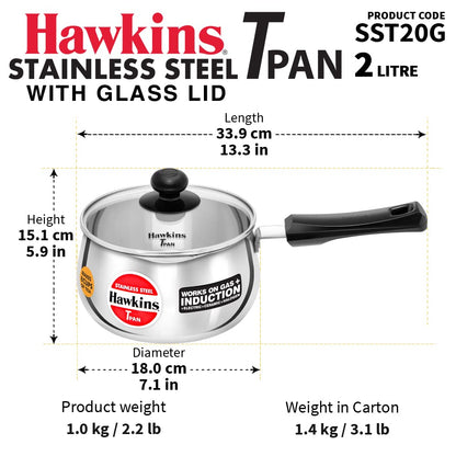 Hawkins Stainless Steel Induction Compatible TPan (Saucepan) - 1 Litre - With Glass Lid - 29