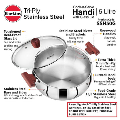 Hawkins Tri-Ply Stainless Steel Cook and Serve 5 Litre Handi with Glass Lid  - 16