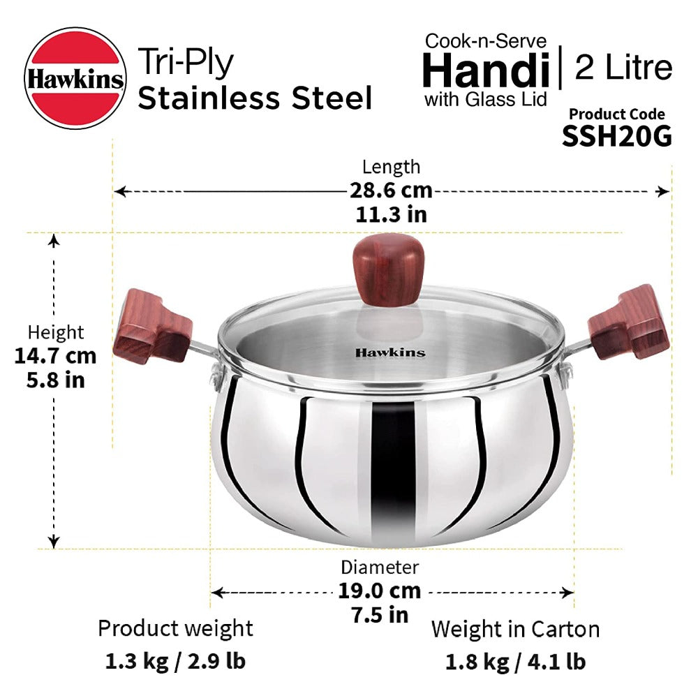 Hawkins Tri-Ply Stainless Steel Cook and Serve 2 Litre Handi with Glass Lid  - 3
