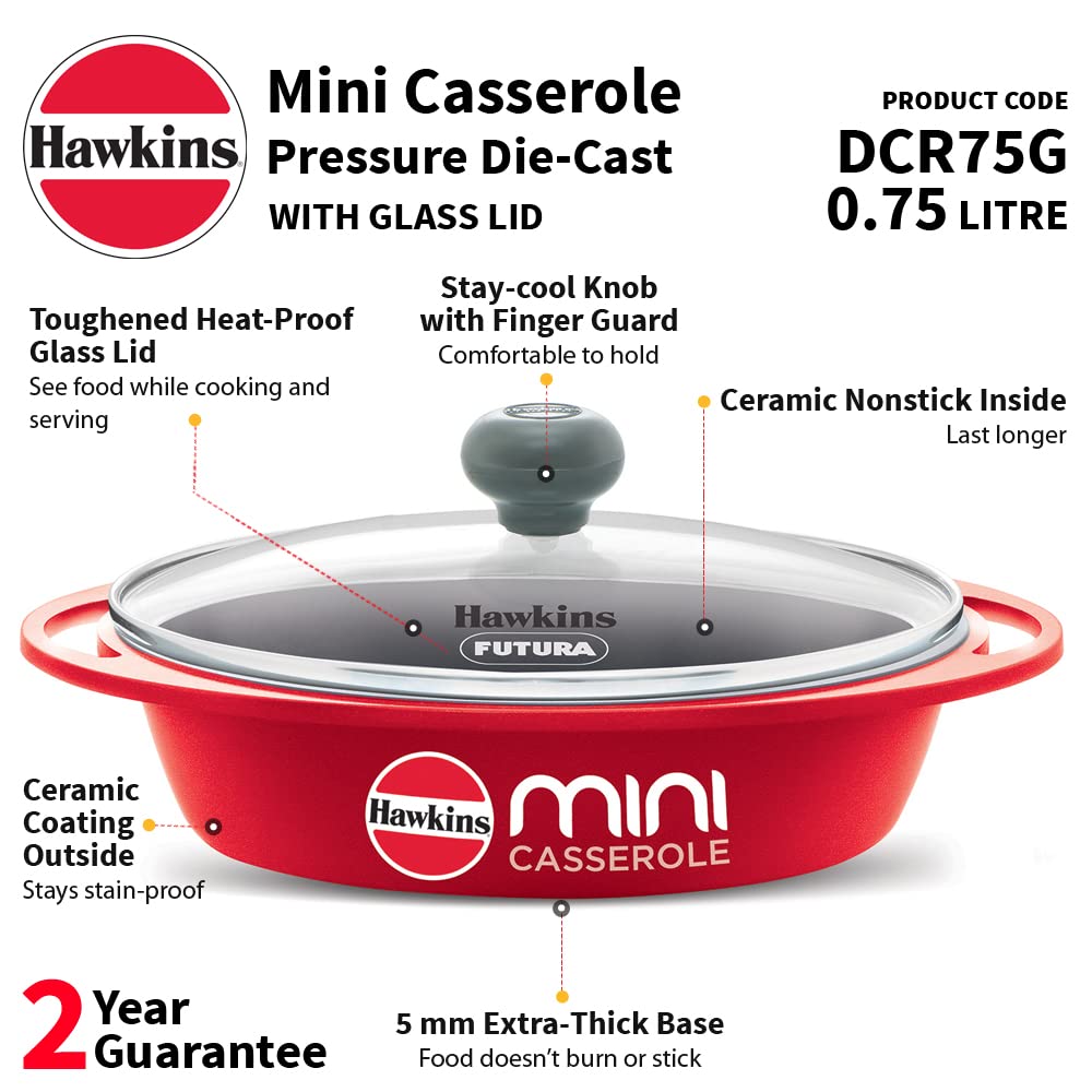 Hawkins Die Cast 750 ML Mini Oval Casserole with Glass Lid - 2