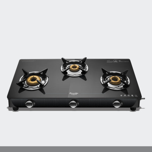 Preethi Valentino Carbon 3 Burner Glass Gas Stove | Black