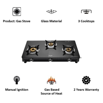 Preethi Valentino Carbon 3 Burner Glass Gas Stove | Black