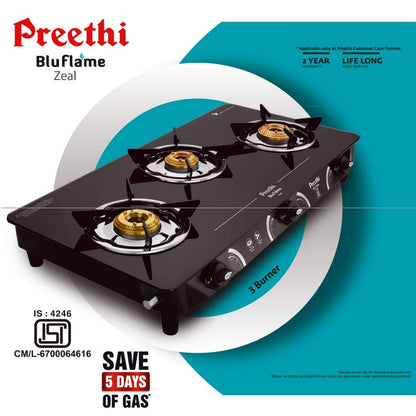 Preethi Zeal 3 Burner Glass Top Gas Stove (Black)