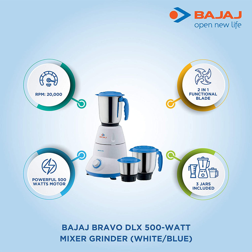 New Bajaj Bravo DLX 500W Mixer Grinder with 3 Jars 220V