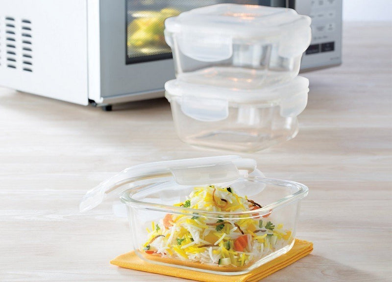 Borosil Glass Universal Lunch Box Set of 4, (2pcs 320 ml sqr + 2pcs 240 ml  Rnd) Microwave Safe Office Tiffin