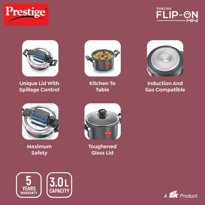 Prestige Svachh FLIP-ON Mini Hard Anodised Pressure Cooker with Glass Lid - 8