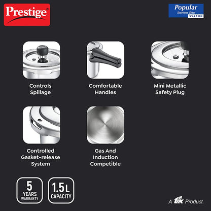 Prestige Svachh Popular 1.5 Litre Stainless Steel Pressure Cooker - 6