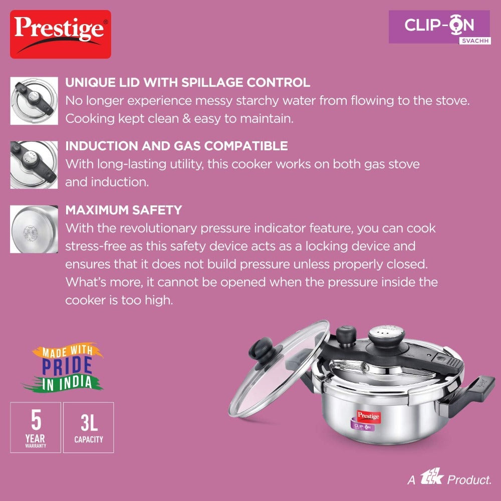 Prestige Clip-on Svachh Stainless Steel Pressure cooker with Glass Lid - 6