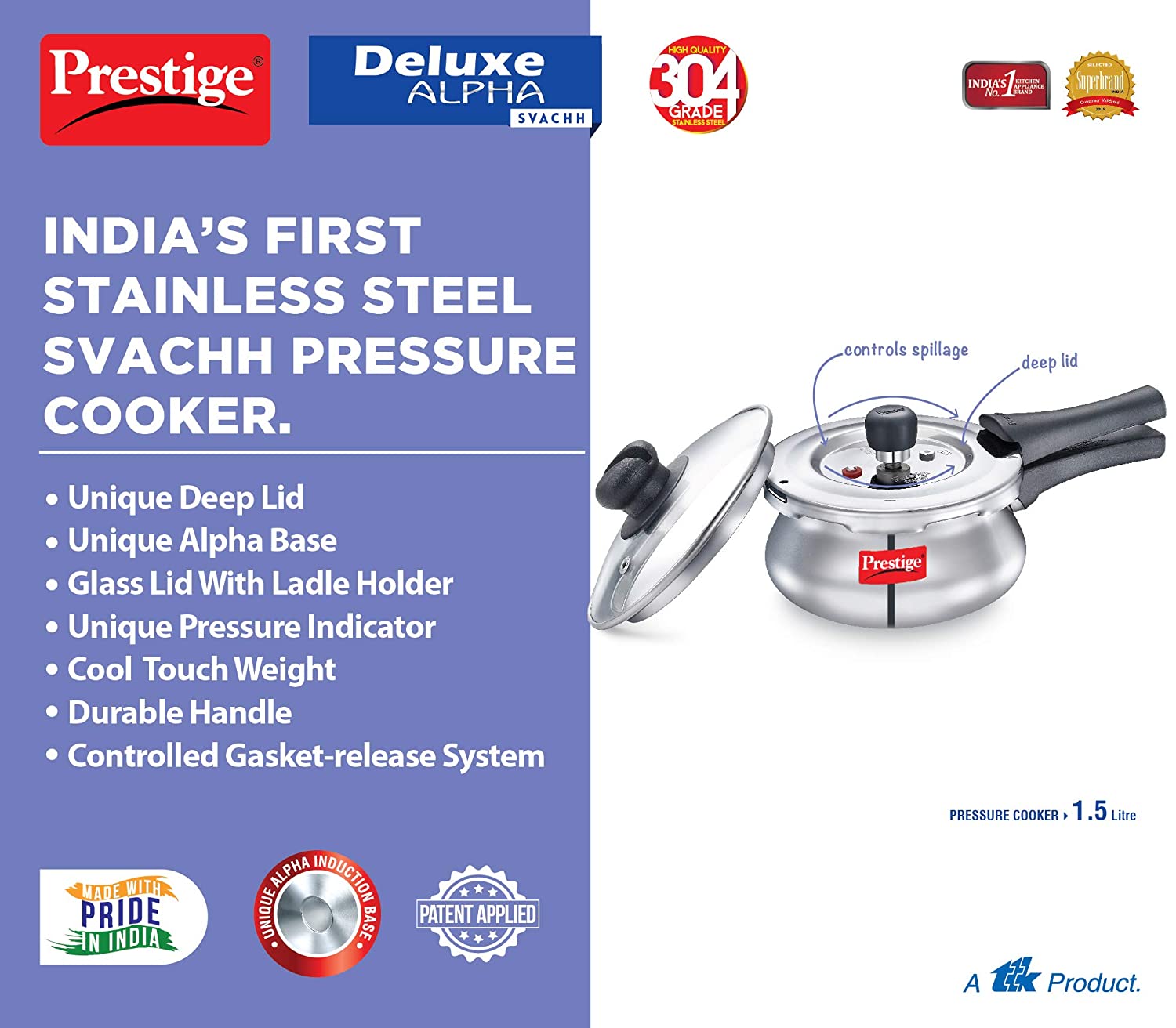 Prestige Deluxe Alpha Svachh Stainless Steel Pressure Cooker Handi