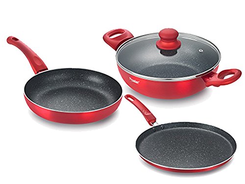 Prestige Omega Deluxe Metallica Luminous BYK Aluminium Cookware Set, 3-Pieces, Red