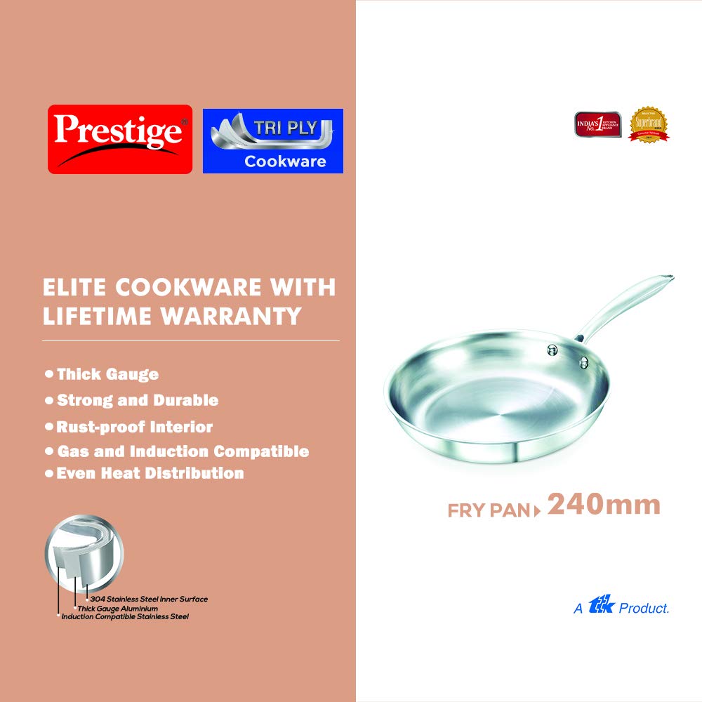 Prestige Induction Base Tri Ply Stainless Steel Fry Pan, 240mm