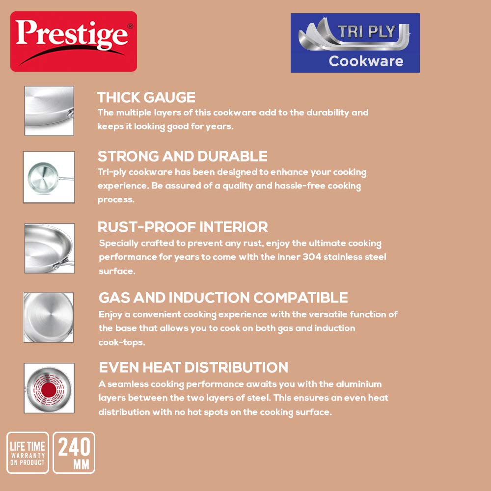 Prestige Induction Base Tri Ply Stainless Steel Fry Pan, 240mm