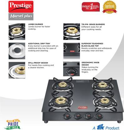 Prestige Marvel Plus Glass 4 Burner Gas Stove (Black)