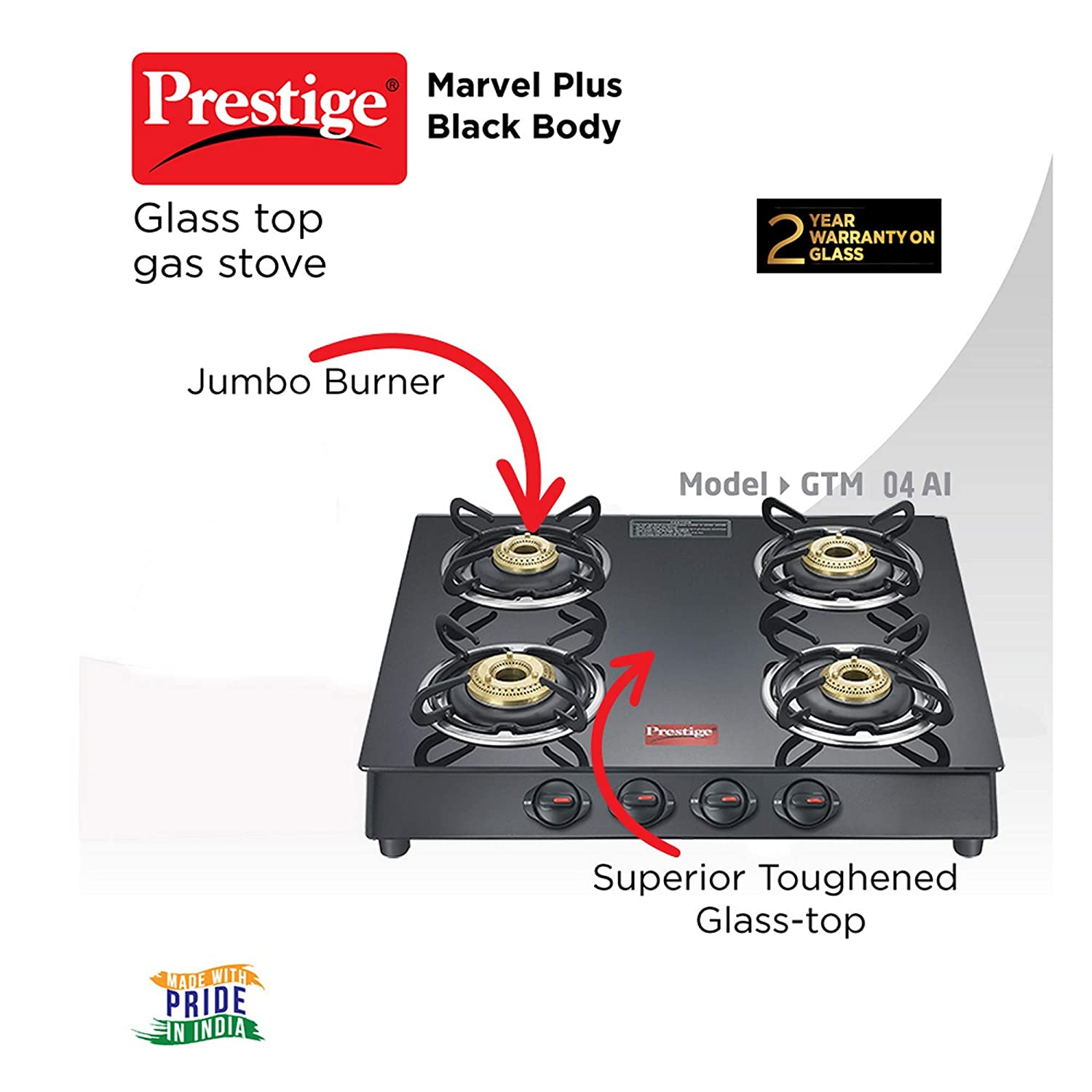 Prestige Marvel SQ Plus GTM04 Toughened Glass Top 4 Burners Gas Stove | Black