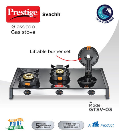 Prestige Svachh GTSV-03 3 Burner Glass top LP Gas Stove with Liftable Burner Set - 40369 - 2