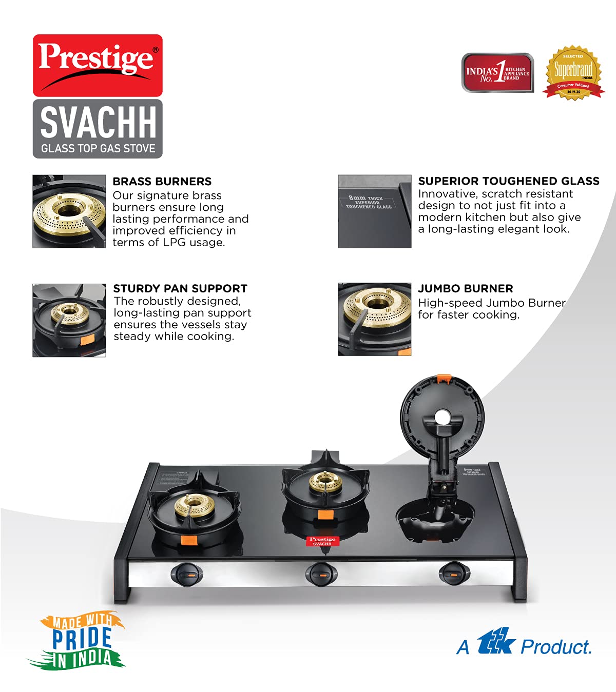 Prestige Svachh GTSV-03 3 Burner Glass top LP Gas Stove with Liftable Burner Set - 40369 - 4