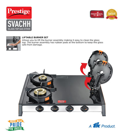 Prestige Svachh GTSV-04 4 Burner Glass top LP Gas Stove with Liftable Burner Set - 40370 - 5