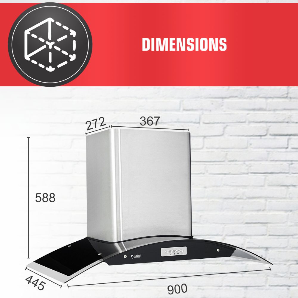 Prestige GKH 900 CS Curved Glass Kitchen Hood Chimney | 850 m³/hr | Silver