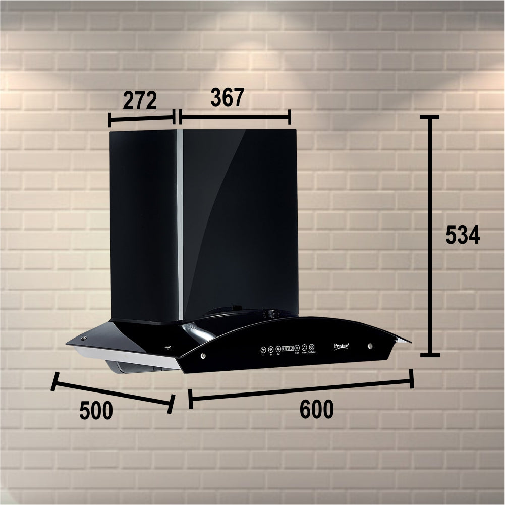 प्रेस्टीज 600 सीबी - प्लस ऑटो क्लीन किचन हुड चिमनी 2 बैफल फिल्टर के साथ | 1000 m3/घंटा | काला