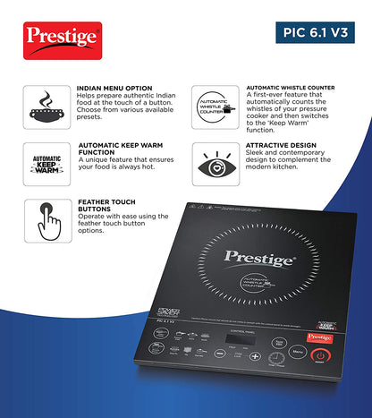 Prestige PIC 6.1 V3 2200 Watt Induction Cooktop with touch Panel (काळा)