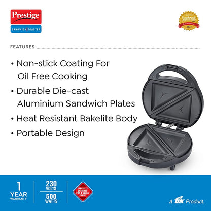 Prestige PSSP Single 500 Watts Non-Stick Sandwich Maker with Fixed Sandwich Plate - 3