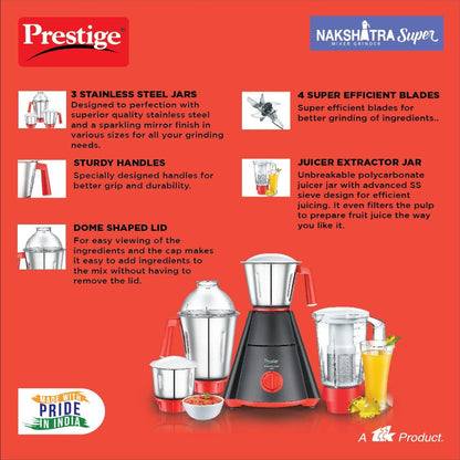Prestige Nakshatra Super Mixer Grinder-750 watts - with 3 Stainless Steel Jar and 1 juicer Jar | Black & Red | Medium-4
