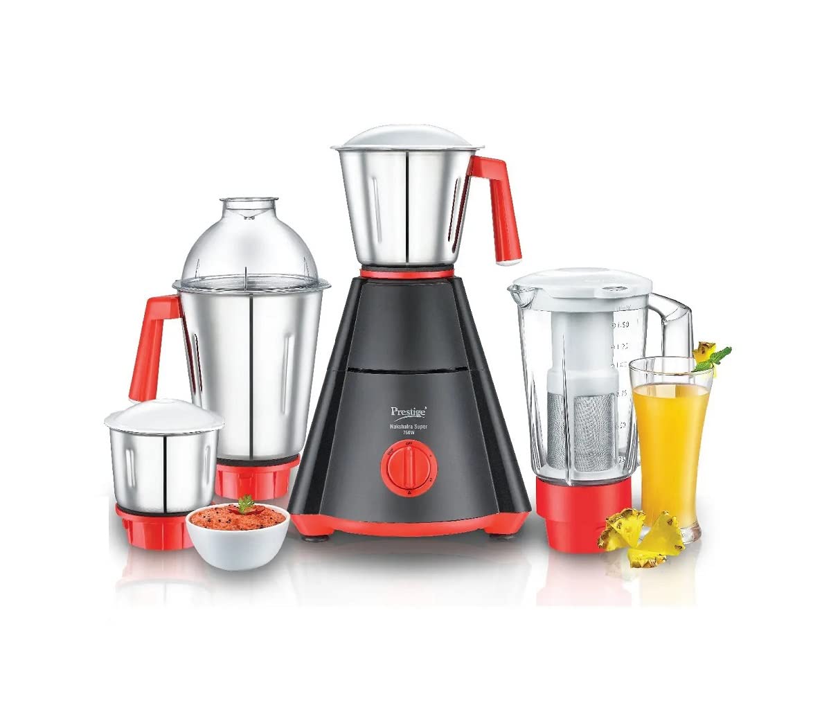 Prestige Nakshatra Super Mixer Grinder-750 watts - with 3 Stainless Steel Jar and 1 juicer Jar | Black & Red | Medium-1