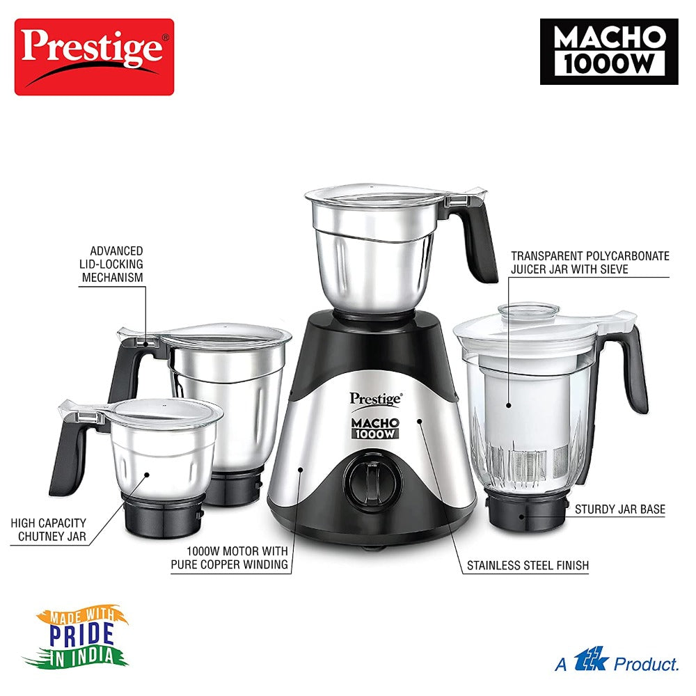 Prestige Macho 1000 Watts Pure Copper Motor Mixer Grinder with 3 Stainless Steel Jars and 1 Juicer Jar - 42524 - 2