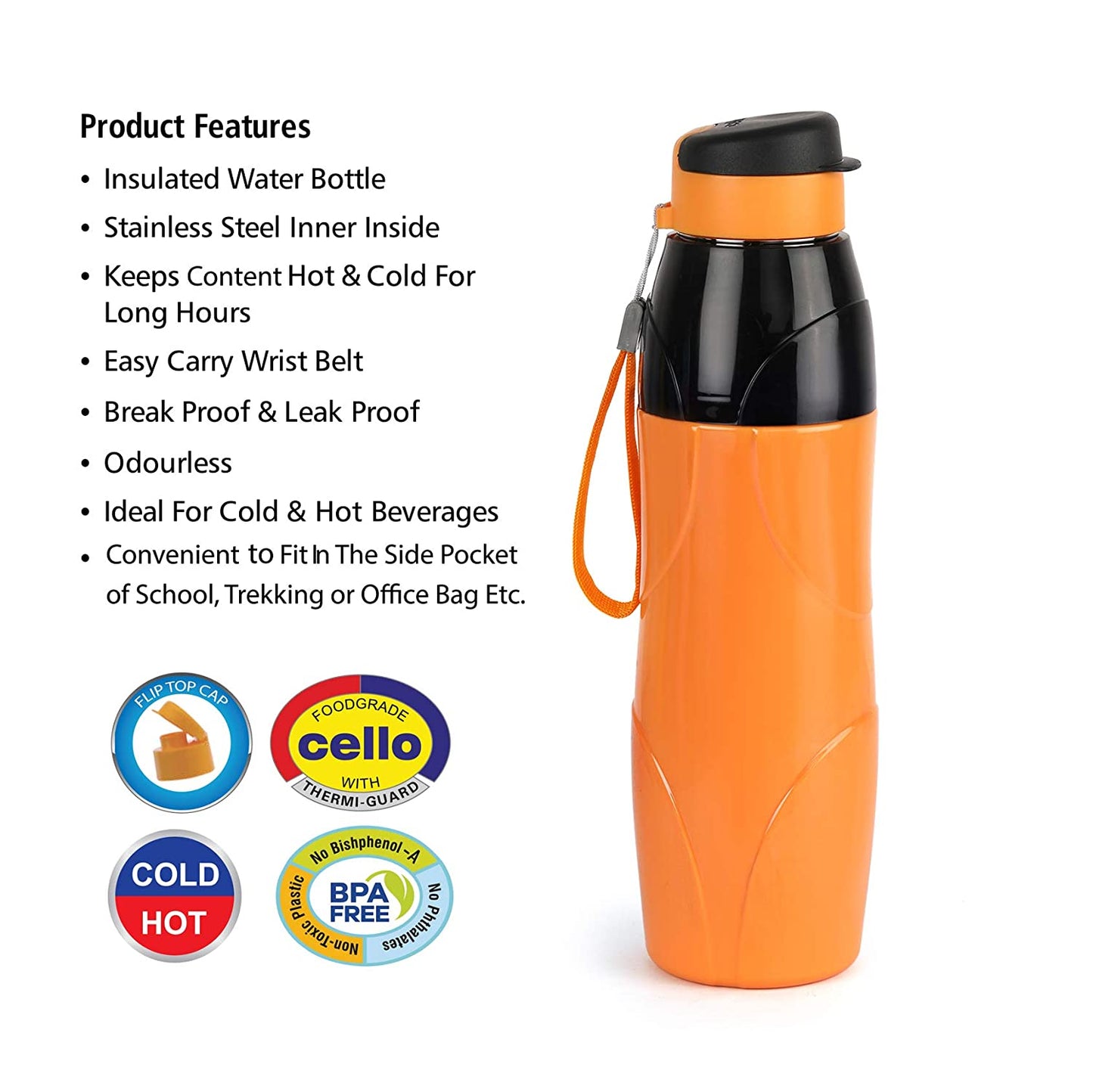 Cello Puro Steel-X Lexus Insulated Water Bottle with Stainless Steel Inner,600 ml