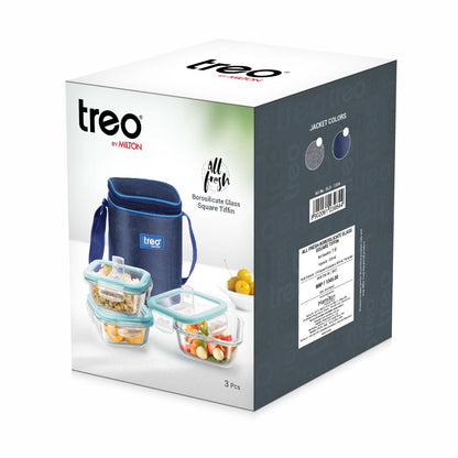 Treo All Fresh 320 ML Borosilicate Glass Square 3 Container Tiffin Box with Cover - 9
