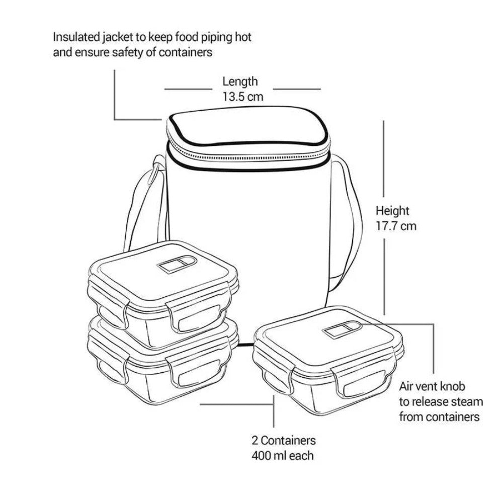 Treo All Fresh 320 ML Borosilicate Glass Square 3 Container Tiffin Box with Cover - 8