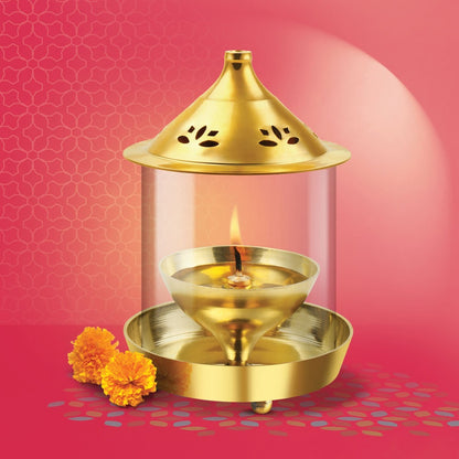 Treo Brass Shubham Diya with Borosilicate Glass - 1