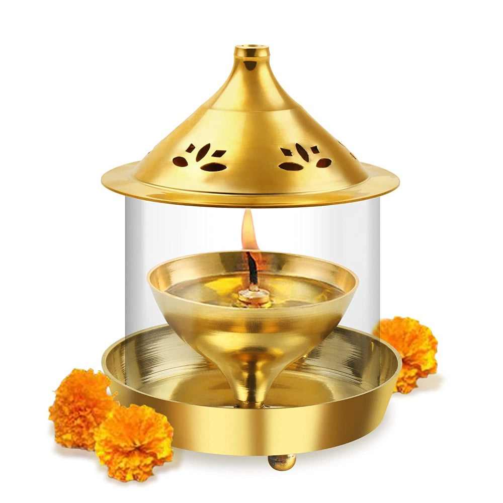 Treo Brass Shubham Diya with Borosilicate Glass - 2