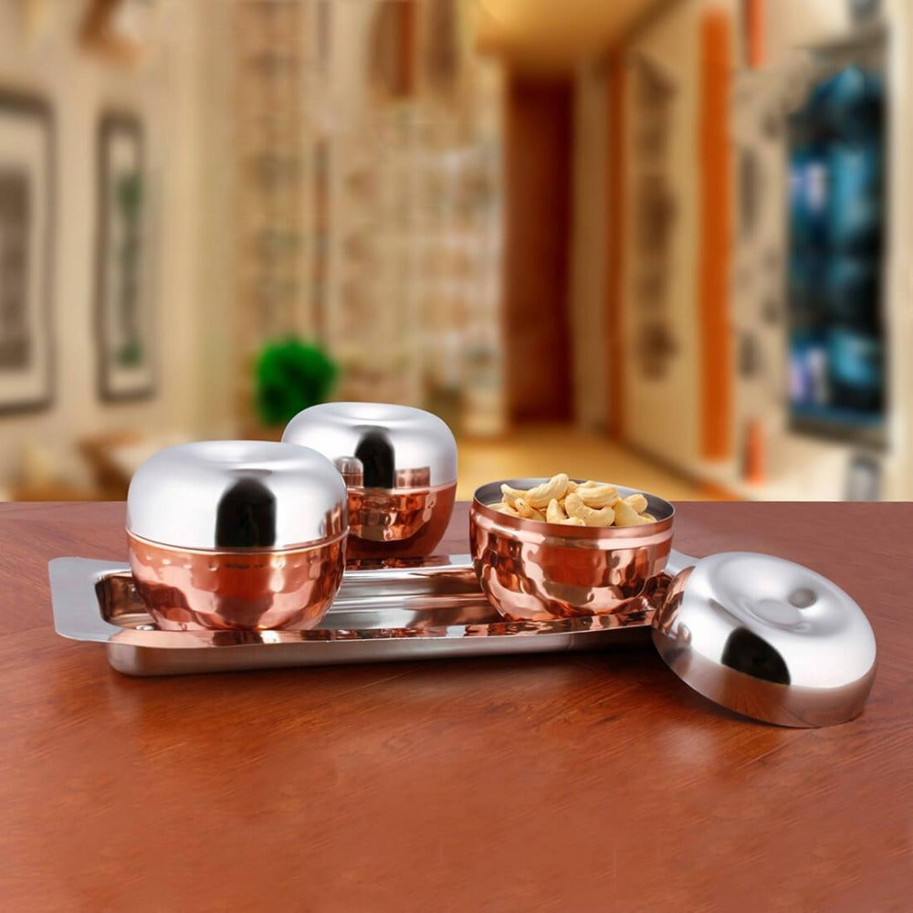 Shri & Sam Volga Stainless Steel Copper Hammered Canister Set with Stainless Steel Tray - 1
