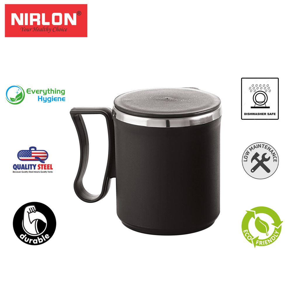 Nirlon Flute 300 ML Double Wall Plastic Stainless Steel Tea Coffee Mug with Lid - Black - 8
