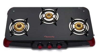 Butterfly Signature Glass 3 Burner Gas Stove, Black/Red