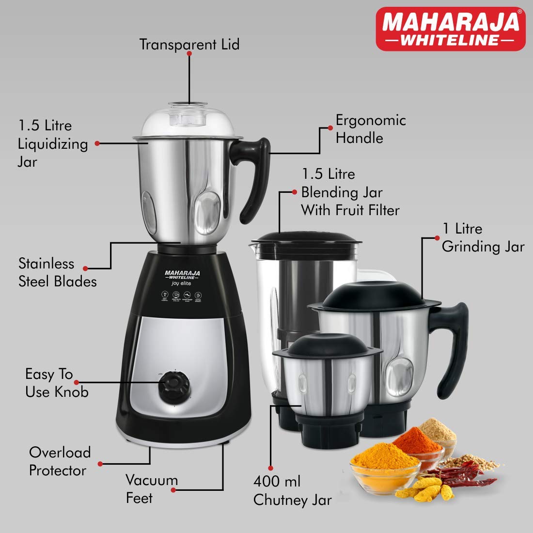 Maharaja Whiteline Joy Elite Mixer Grinder, 750W, 4 Jars