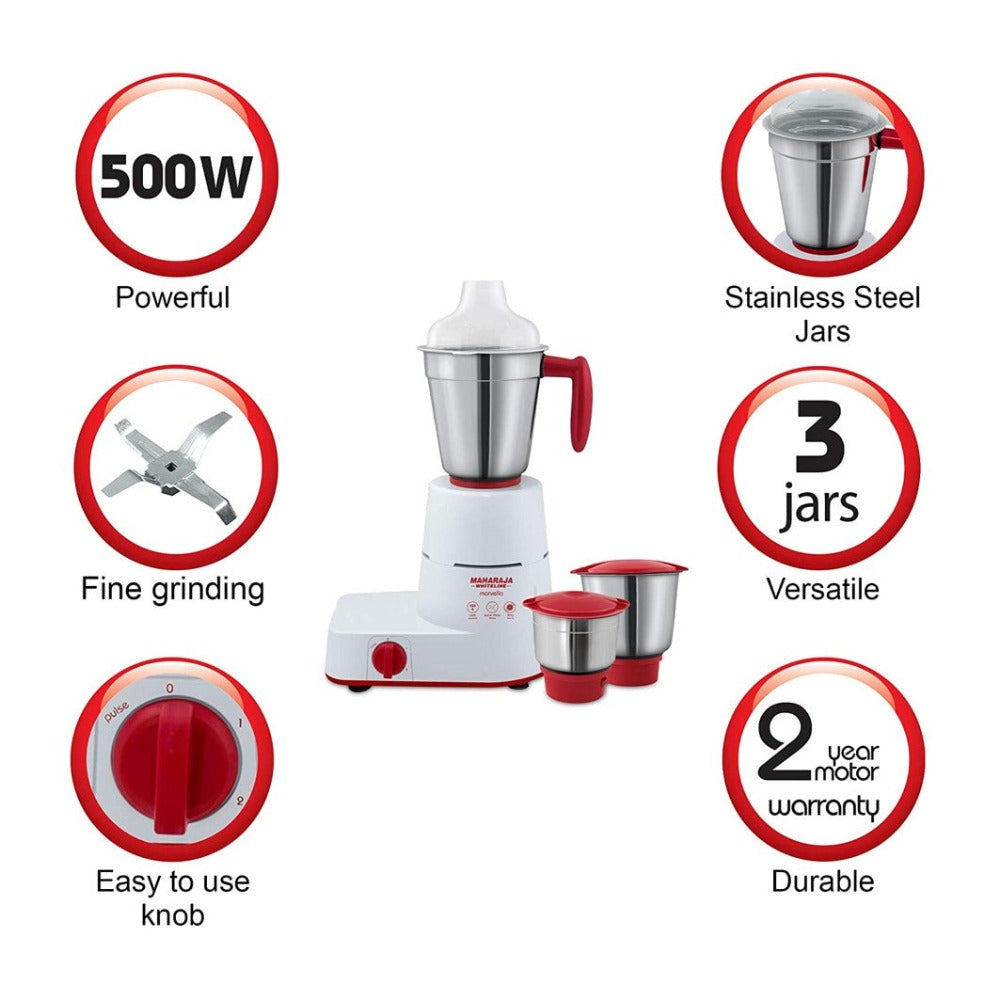 Maharaja Whiteline Marvello 500 Watt Mixer Grinder with 3 Jar - MH5200101100 - 6