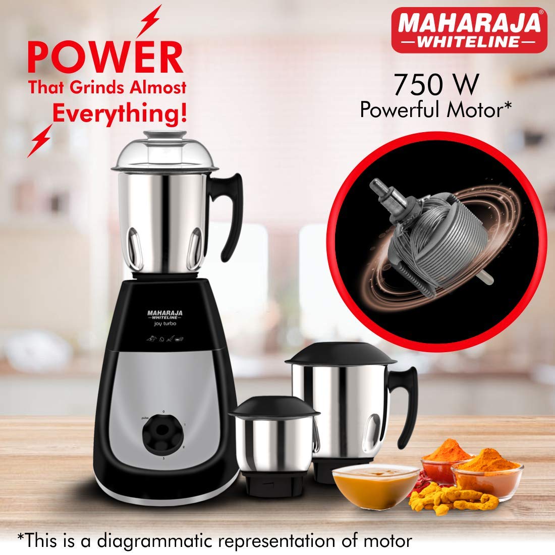 Maharaja Whiteline Joy Turbo Mixer Grinder, 750W, 3 Jars